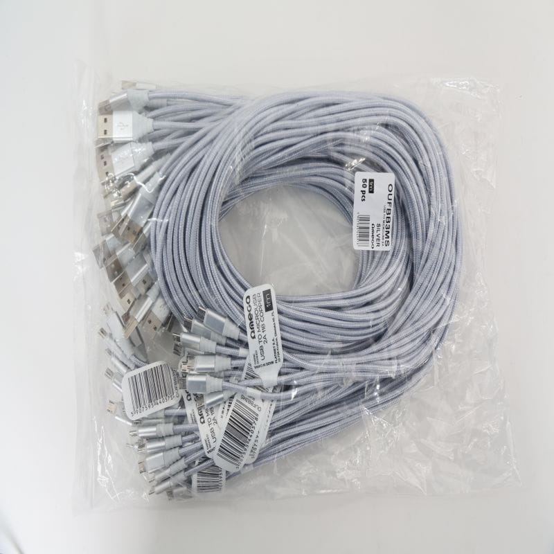 OMEGA CANTIL FABRIC CABLE BRAIDED MICRO USB TO USB 2A 118 COPPER POLY 1M SILVER [44057]