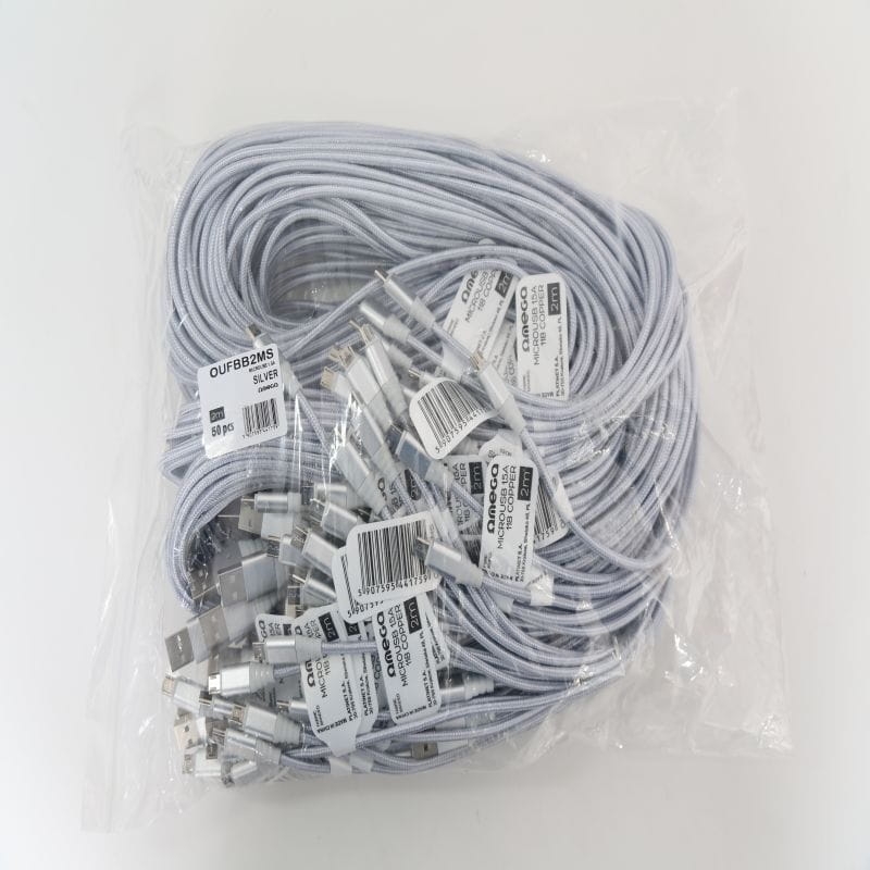 OMEGA TOKARA FABRIC CABLE KABEL BRAIDED MICRO USB 1,5A 118 COPPER POLYBAG OEM 2M SILVER [44175]
