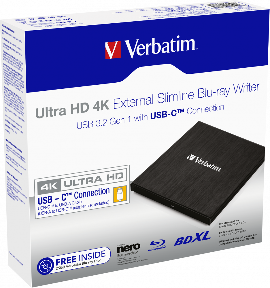 VERBATIM EXTERNAL SLIMLINE WRITER BLU-RAY XL 4K ULTRA HD USB 3.2 GEN 1 USB-C  43888