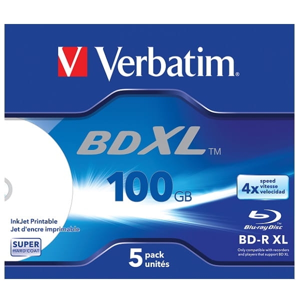VERBATIM BD-R XL BLU-RAY 100GB 4X PRINTABLE NO ID JEWEL CASE*5  43789