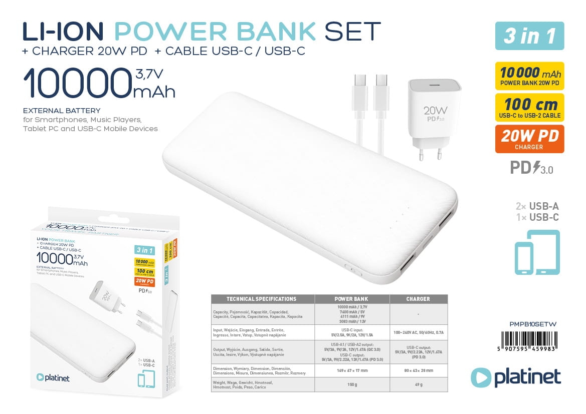 PLATINET POWER BANK SET 10000 MAH + 20W PD CHARGER + 1M CABLE WHITE [45998]