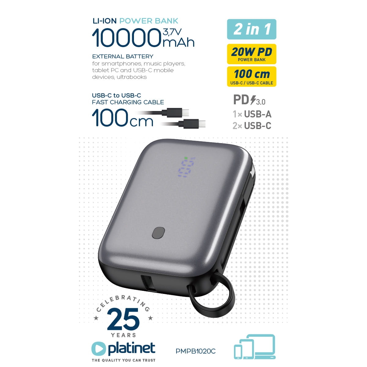 PLATINET POWER BANK 10000 mAh 20W PD WITH CABLE [46011]