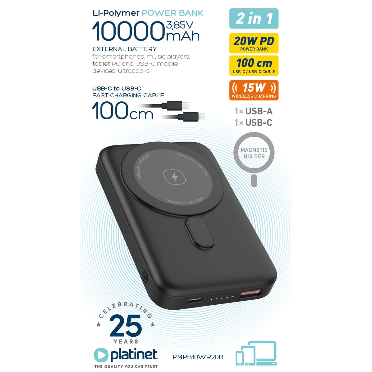PLATINET POWER BANK 10000 mAh 20W PD 15W WIRELESS CHARGING MAGNETIC [46016]