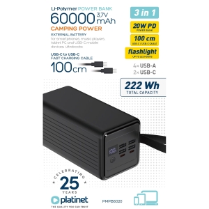 Power Bank 60000 mAh 20W QC 3.0 Latarka + Kabel 1m USB-C