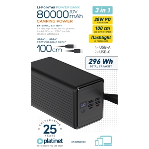 Power Bank 80000 mAh 20W QC 3.0 Latarka + Kabel 1m USB-C