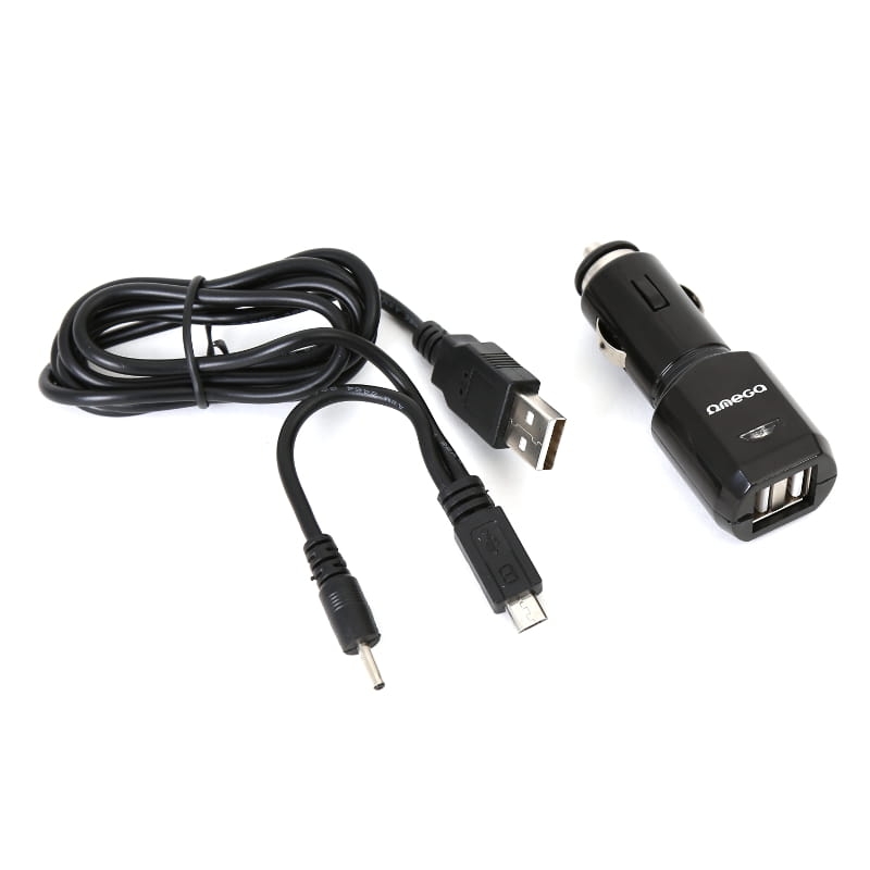OMEGA CAR CHARGER 2xUSB 5V 2.1A BLACK + microUSB cable [42395]