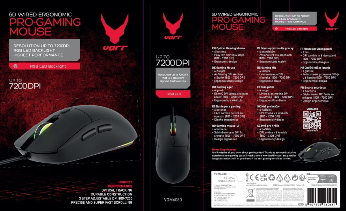 VARR MOUSE MYSZ GAMING 6D 7200DPI 1,5M BLACK [46065]