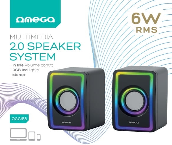 OMEGA SPEAKER GŁOŚNIK 2.0 6W RMS RGB USB 3.5 mm Audio Black Small Tower [46150]