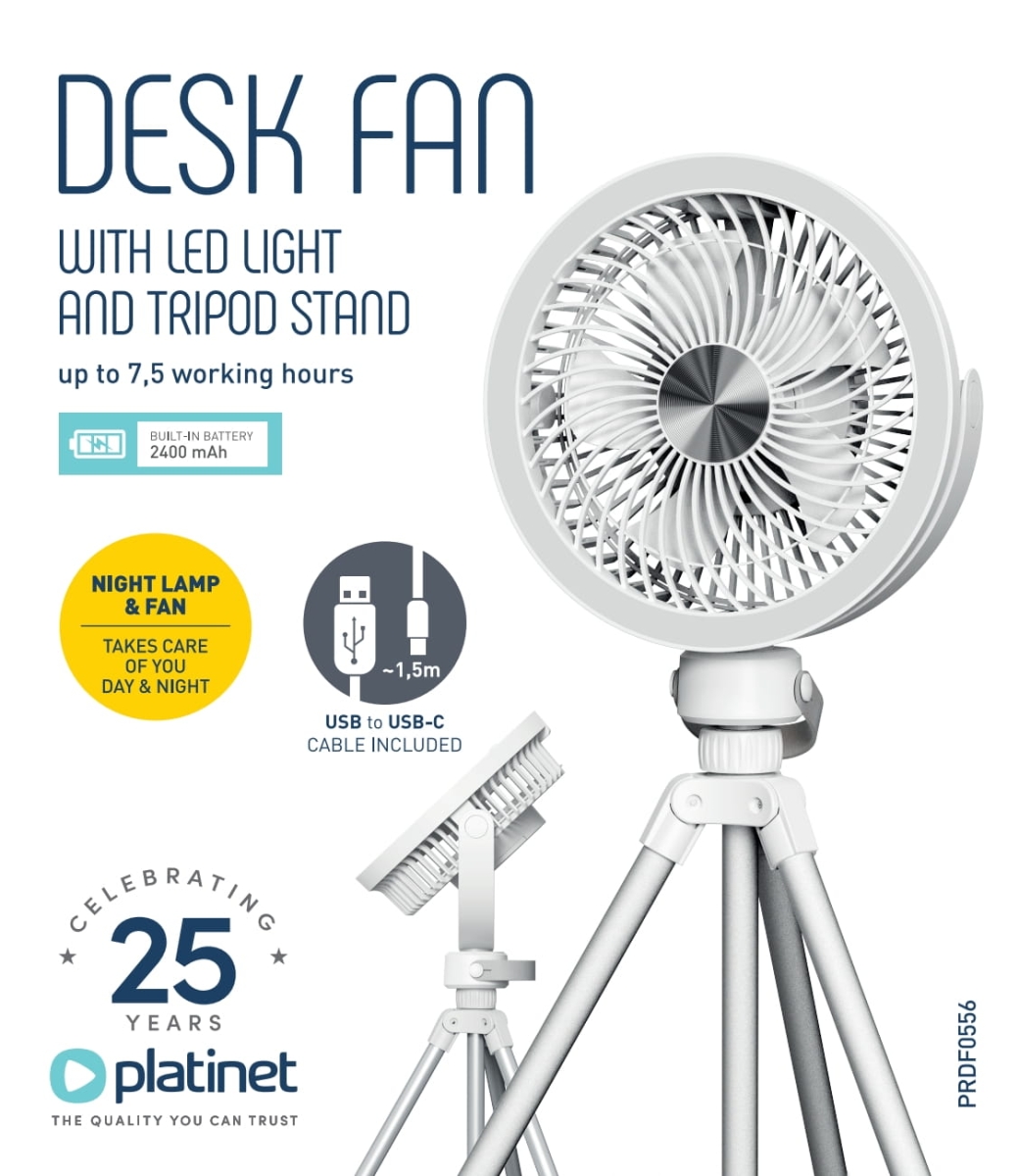 PLATINET RECHARGABLE DESK FAN WENTYLATOR BIURKOWY 2X1200MAH LED TRIPOD [46055]