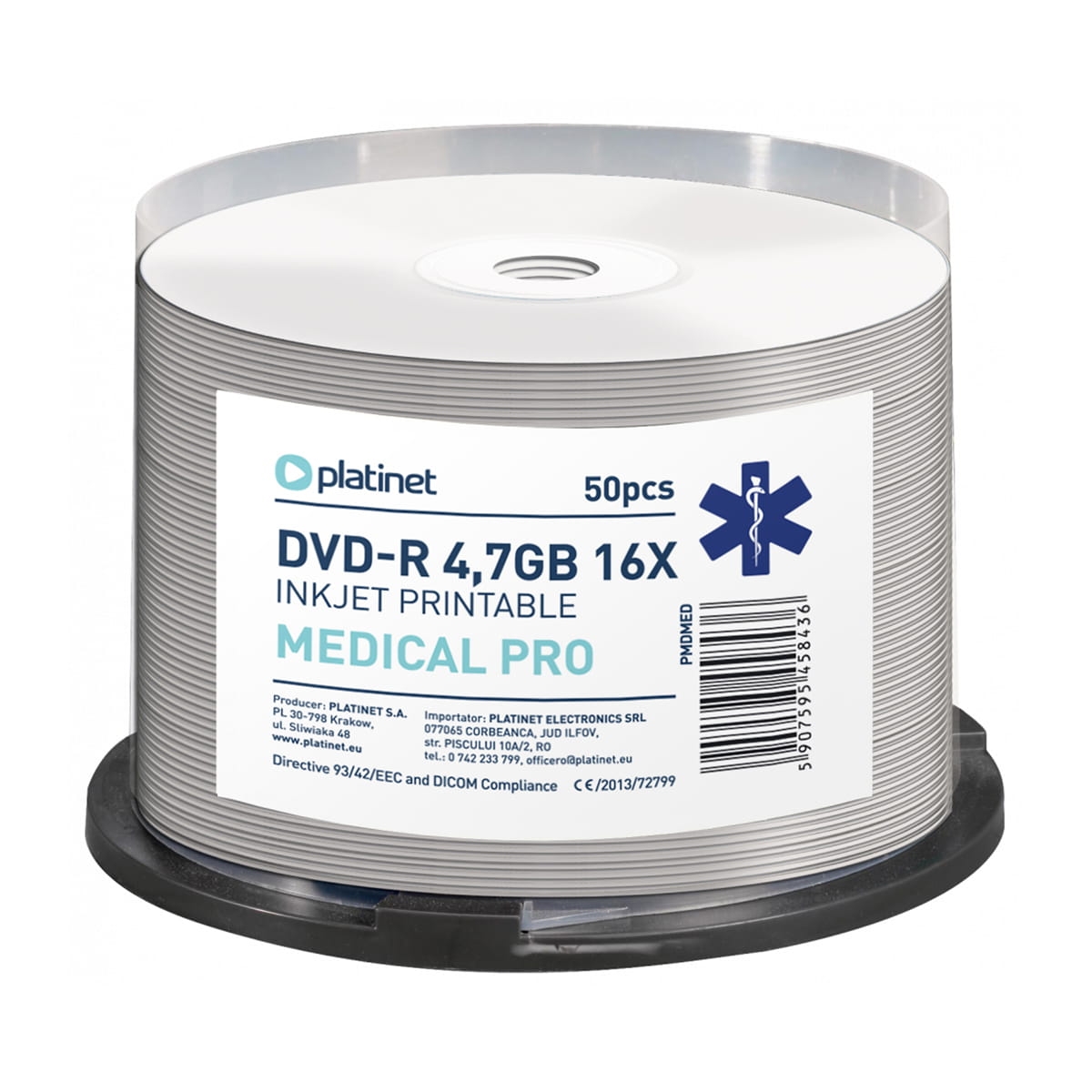 PLATINET DVD-R 4,7GB 16X FF WHITE INKJET PRINTABLE MEDICAL PRO CAKE*50 [45843]