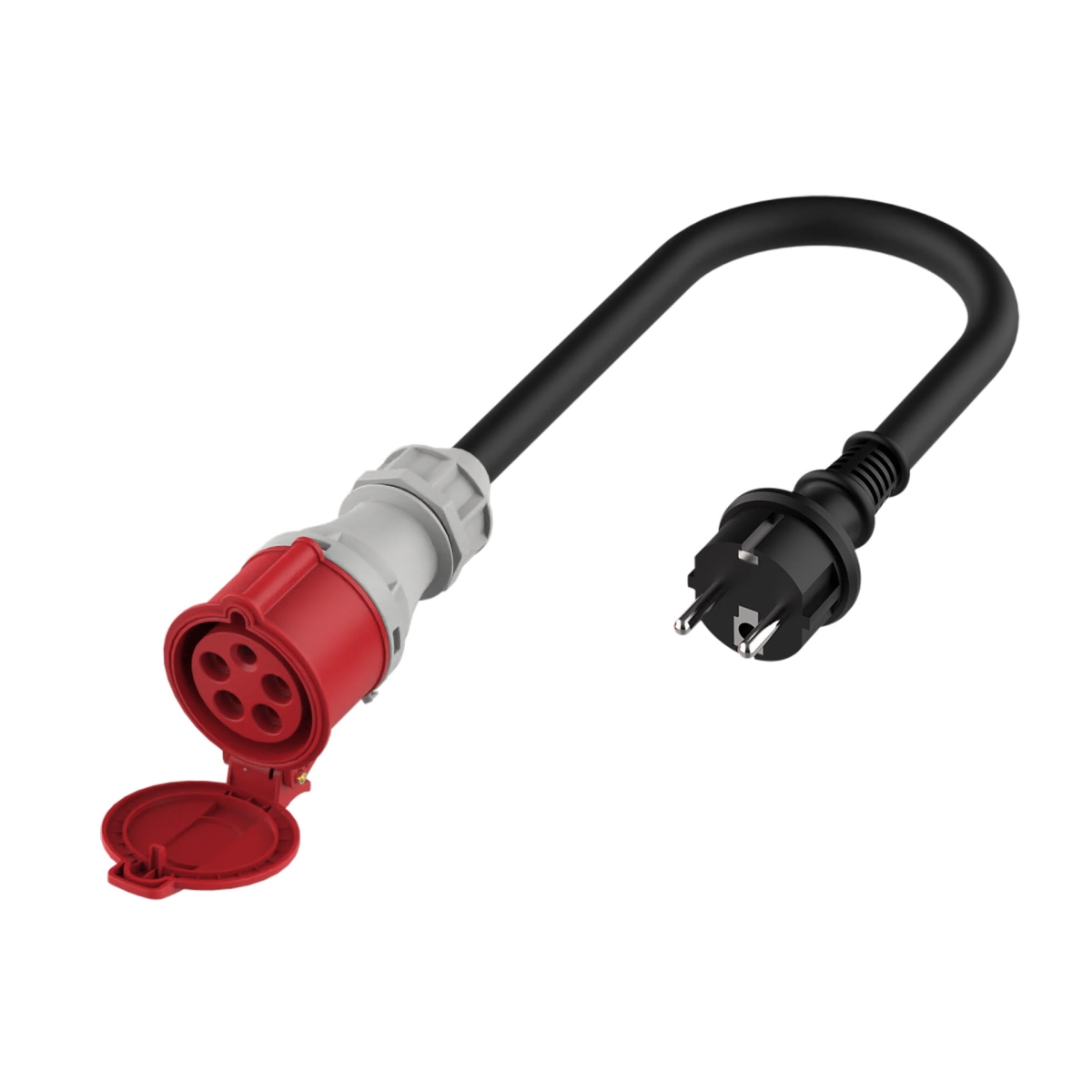 Adapter EV CEE 16A (niebieski, 1-fazowy, męski) na CEE 32A (czerwony, 3-fazowy, żeński)