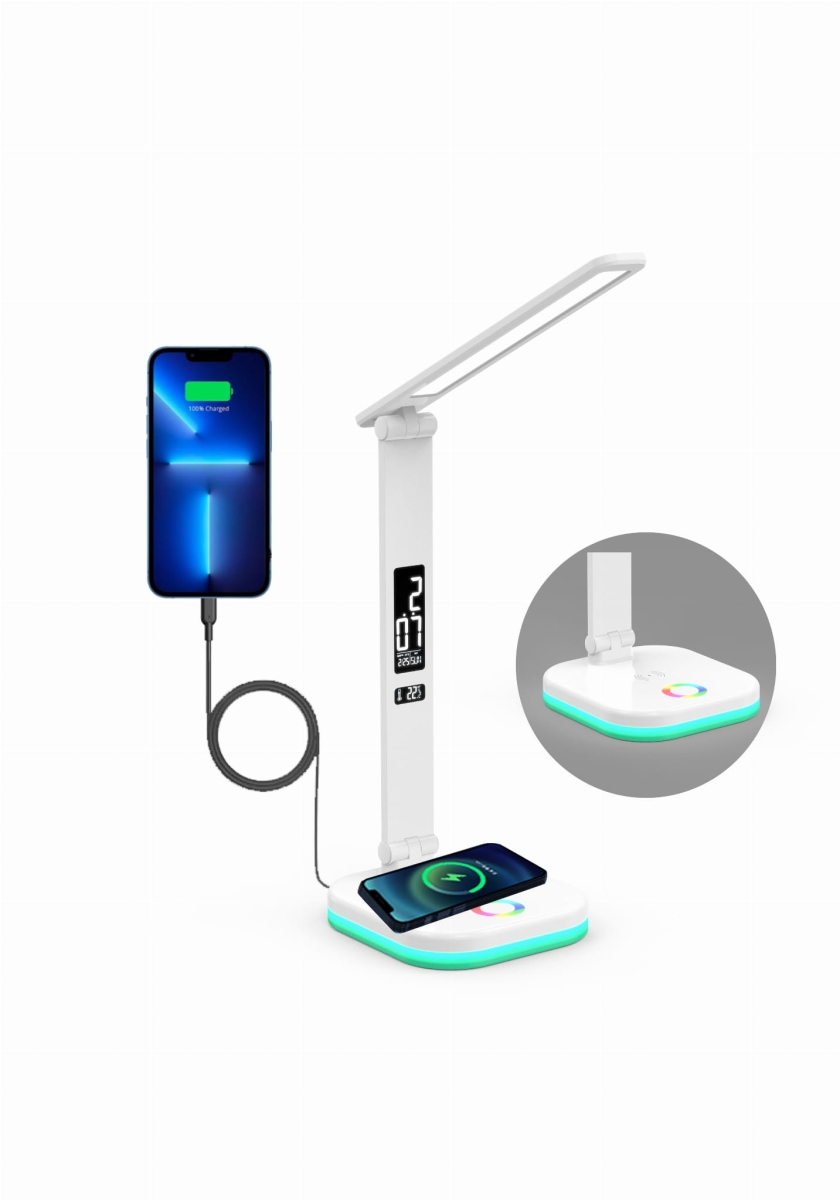 Lampka biurkowa LED z budzikiem, RGB i ładowarką bezprzewodową