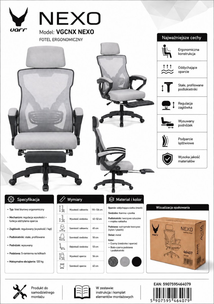 NEXO FOTEL BIUROWY ERGONOMICZNY WHITE+BLACK