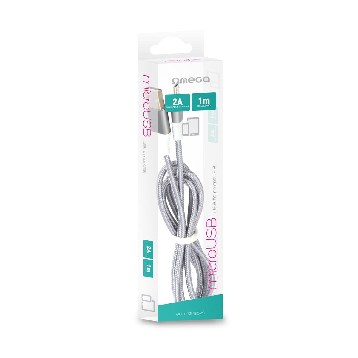 OMEGA CANTIL FABRIC CABLE BRAIDED MICRO USB TO USB 2A 118 COPPER 1M SILVER [44261]