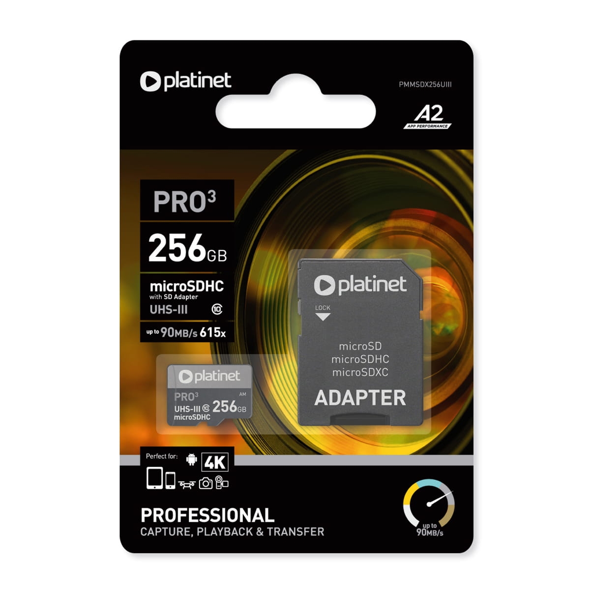PLATINET microSDXC  SECURE DIGITAL + ADAPTER SD 256GB class10 U3 A2 90MB/s [45094]