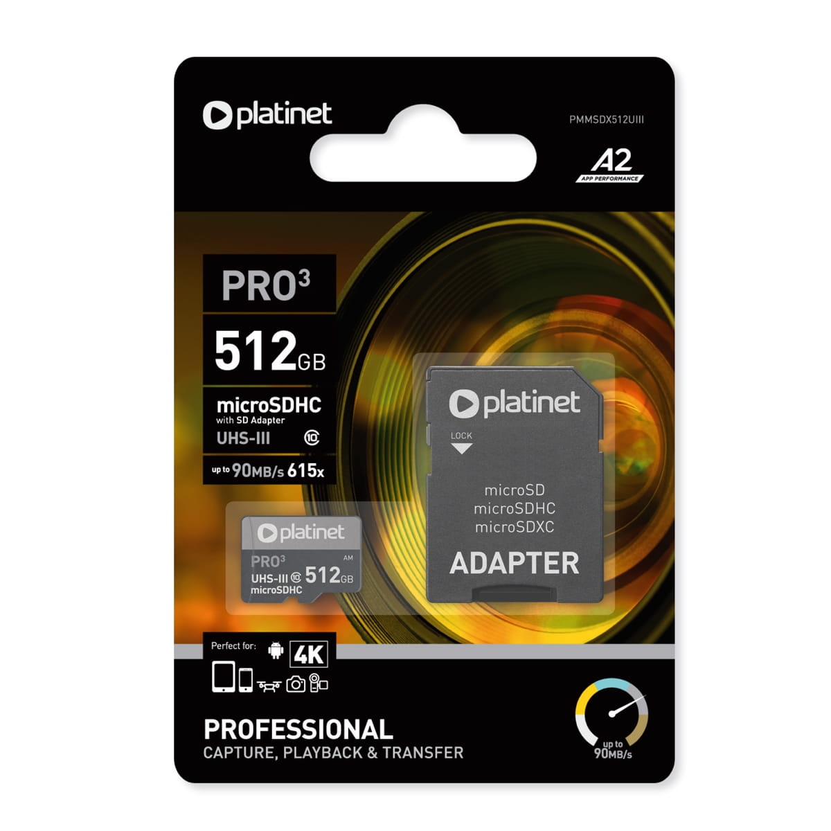 PLATINET microSDXC  SECURE DIGITAL + ADAPTER SD 512GB class10 U3 A2 90MB/s [45095]