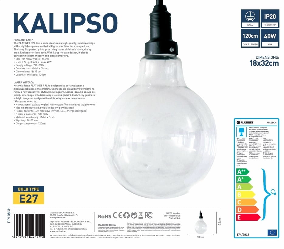 PLATINET PENDANT LAMP KALIPSO P150438-D E27 CHROME+CLEAR GLASS 18x32 [44029]